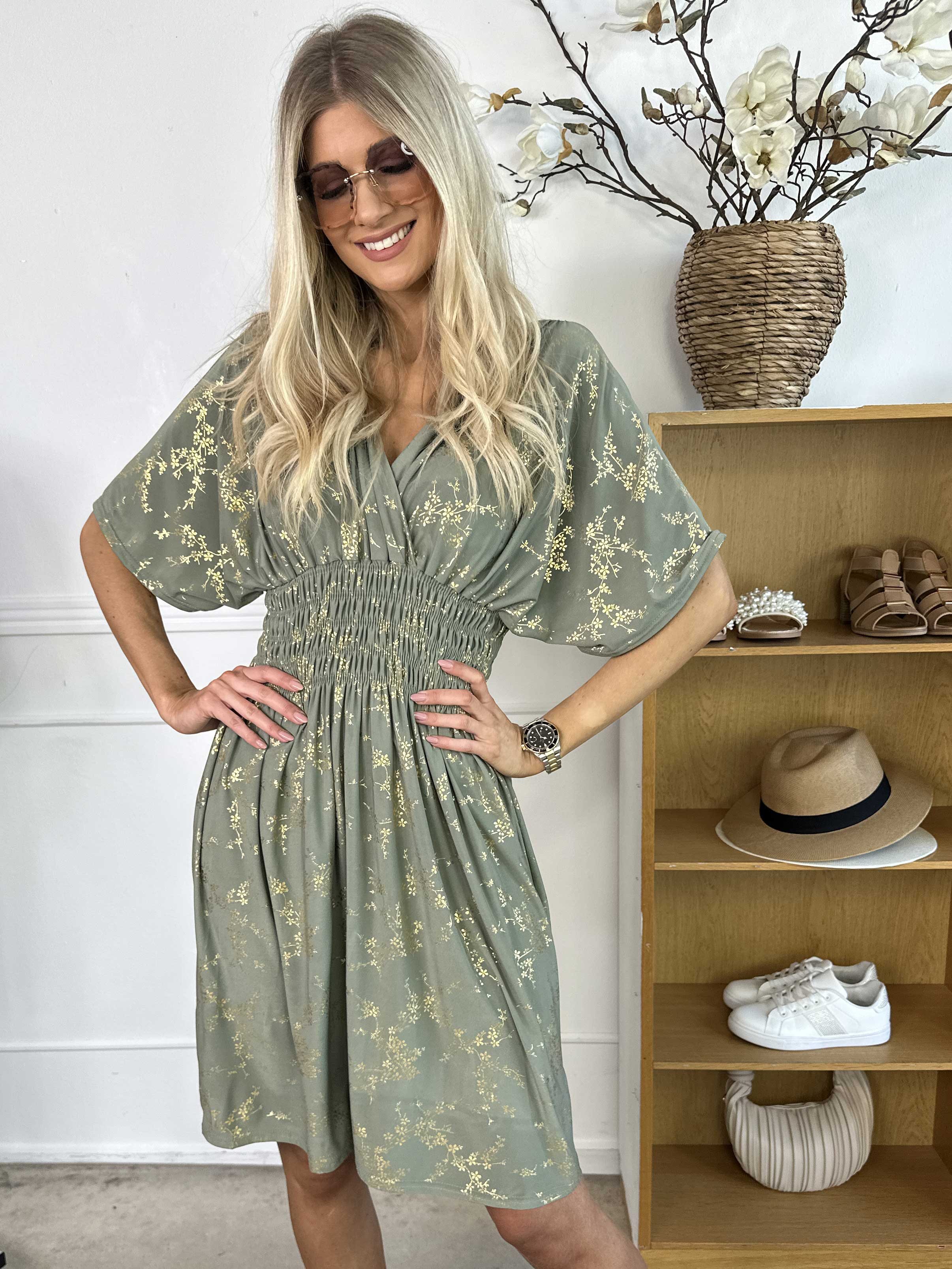 Pams Gold Short - Elastisk klänning detaljerad med guldblommor
